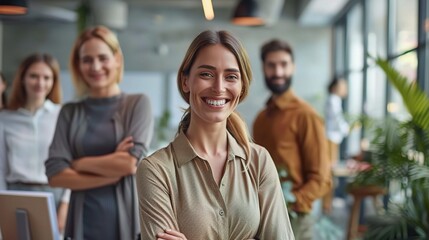 Fototapeta premium Confident Leader, Empowered Team: A radiant businesswoman smiles brightly in a modern office, her team standing confidently behind her, showcasing leadership, diversity, and a positive work environmen