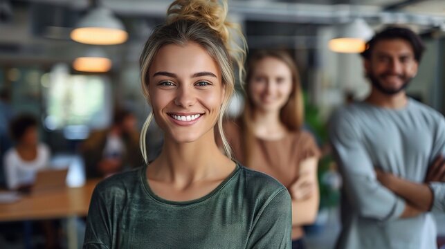 Confident and Smiling:  Young, diverse business professionals radiate positivity and success in a modern office setting, showcasing a vibrant and inclusive work environment. 
