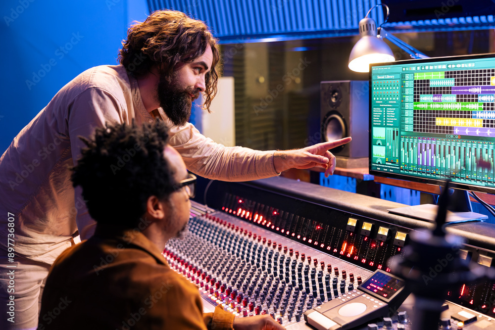 Aufkleber young performer working on new album with his record producer in studio, processing sounds and mixin