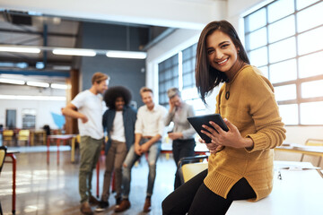 Tablet, portrait and happy woman in office for meeting, business and presentation for project. Designer, teamwork and technology in creative agency with smile for ideas, online and career in startup