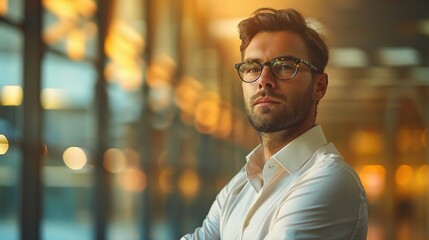 Obraz premium Urban Visionary: A portrait of a confident young businessman in glasses, standing with crossed arms against a blurred cityscape backdrop, exuding ambition and determination. 
