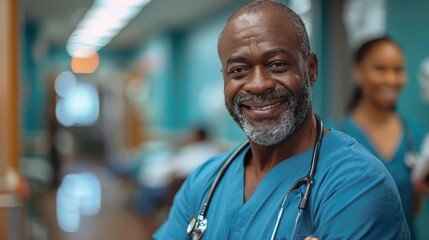Fototapeta premium Confident Caregiver: A seasoned African American male nurse exudes warmth and expertise in a bustling hospital corridor.