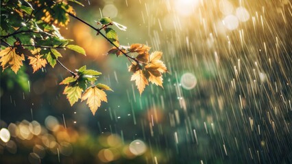 Beautiful summer seasonal background rain on leaves of summer landscape