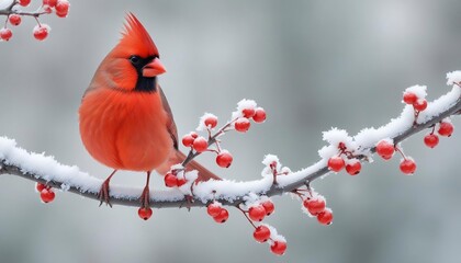 Fototapeta premium Red cardinal bird on a frosty tree branch with snow red berries in winter, Holiday and Christmas web banner or background created with generative ai.