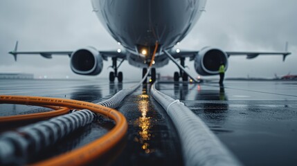 An aircraft positioned on a wet runway with refueling cables attached, under a cloudy sky, ready for takeoff. The scene is marked by preparation and anticipation.