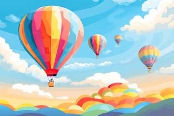 Fototapeta premium Colorful hot air balloons floating in the sky with fluffy clouds and majestic mountains in the background.