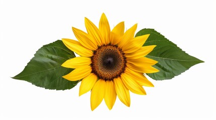Obraz premium A bright yellow sunflower with vibrant green leaves, isolated against a crisp white background. High detail on petals and leaves, perfect for commercial use