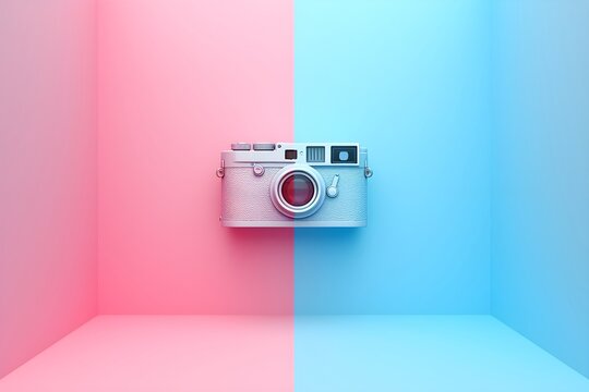 Retro camera on pastel blue and pink background. Vintage professional device for capturing, photographer equipment. World Photography Day. International Photographer Day