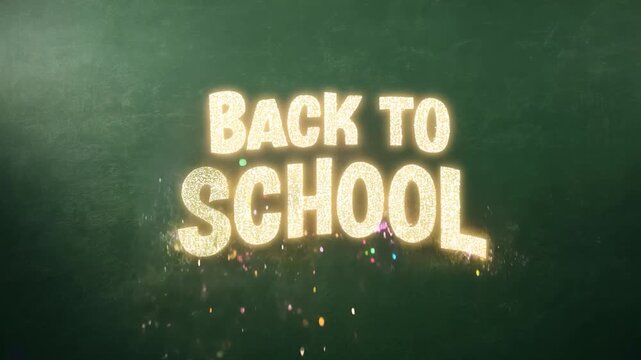 Back to school text animation on classroom chalkboard with colorful sparkles, transitioning to a typical school setting with desks in view. Educational theme enhanced with glittering text