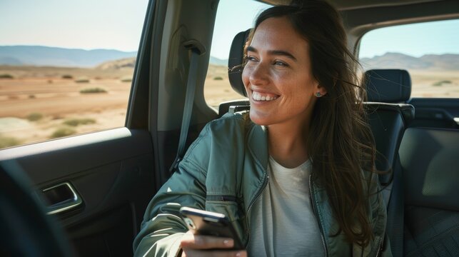 Female road tripper with phone, GPS, and summer vacation map. Portrait, smile, or joyful tourist in automobile for 5g mobile adventure travel internet game.