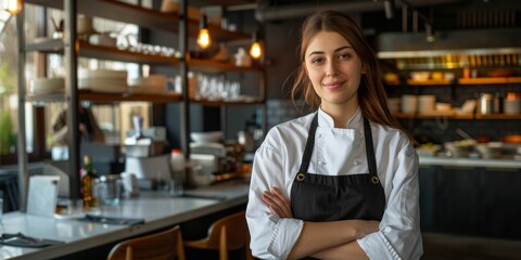 Fototapeta premium A restaurant kitchen portrait of a female chef and businesswoman with arms crossed. Professional, skilled, and confident worker staring at camera for business, career, or hospitality