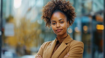 Fototapeta premium Confident Businesswoman: A portrait of a confident, successful businesswoman with a warm smile and a powerful presence. Her arms are crossed, conveying a sense of determination and readiness.