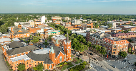 Aerial view of Fayetteville North Carolina downtown business district, main street in Cumberland...