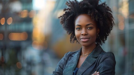 Obraz premium Confident Woman in City: A young, African American woman with a warm smile, confidently stands in a contemporary urban environment, exuding professionalism and success.