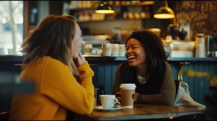 Two pals are having an enjoyable chat during a coffee break at a charming cafe