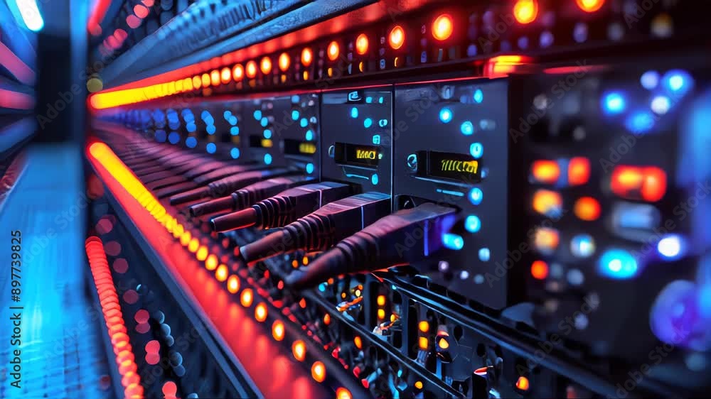 Poster network switch and ethernet cables in data center. internet and technology concept