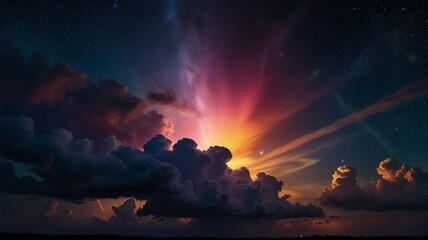 The photograph captures a vibrant rainbow celestial sky at nighttime, with swirling clouds of iridescent hues against a dark blue background. 