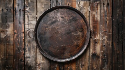 Vintage metal plate on wooden backdrop