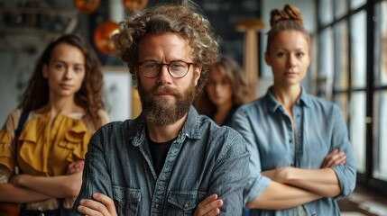 Fototapeta premium Confident Team of Artists: A group of diverse artists, united by their passion and dedication, stand together with arms crossed, exuding confidence and determination. 