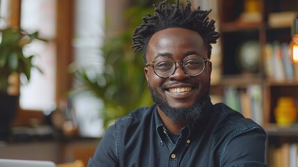 Portrait of happy black man in office, laptop and planning online research for creative project at digital agency. Internet, website and networking