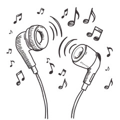 Hand-Drawn Earbuds with Music Notes: A delightful sketch of earbuds with musical notes, capturing the joy of listening to music. Perfect for audiophile blogs, music lover websites, or illustrating the