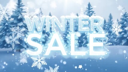 Dynamic winter sale banner with falling snowflakes and snowy pine tree background. Glowing text and festive winter scene for holiday promotions