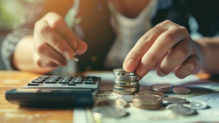 Businessman moves coins budget inflation, debt, or finance management with calculator on wooden table and lens flare. Entrepreneur or startup with cash or savings