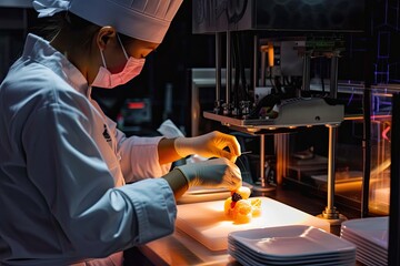 futuristic chef utilizing bioprinting technology to create personalized and nutritious meals