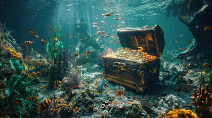 An ancient treasure chest sunk a long time ago at the bottom of the ocean.
