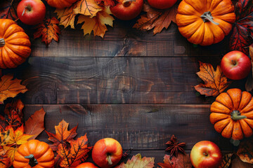 Thanksgiving background: Apples, pumpkins and fallen leaves on wooden background. Copy space for text. Halloween, Thanksgiving day or seasonal background. Design mock up.