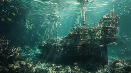 An old pirate ship sunk a long time ago at the bottom of the ocean, surrounding it with abundant marine life.