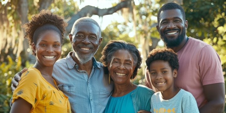 Summer portrait, family and park with kids, parents and grandparents bonding, relaxing and cheerful. Smile, love, biracial children playing, happy family, and garden joy