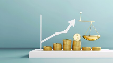 A balancing scale with one side representing risk with a fluctuating stock price graph and the other side showing reward with gold coins and a successful arrow