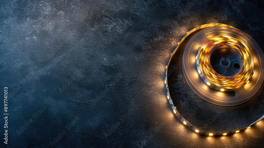 Poster led light strip coiled on reel in close up on dark background top view with copy space