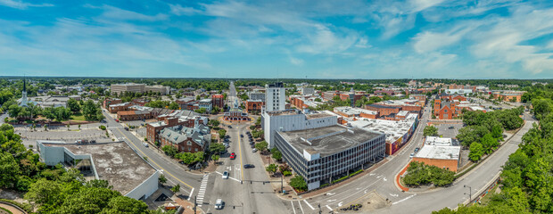 Aerial view of Fayetteville North Carolina downtown business district, main street in Cumberland...