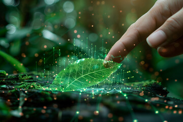 A human finger touches a green leaf with digital enhancements, symbolizing the fusion of nature and technology, eco-friendly innovation, and sustainability in tech