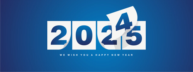 Happy New Year 2025 greeting card design template on blue background. New Year 2025 start concept. Calendar pages turn in the wind and the new year begins.ai
