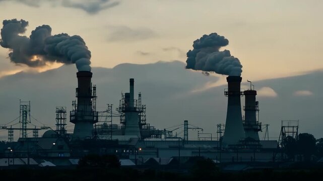 Smokestacks from an industrial plant release plumes of pollution into the air as the sun sets. timelapse