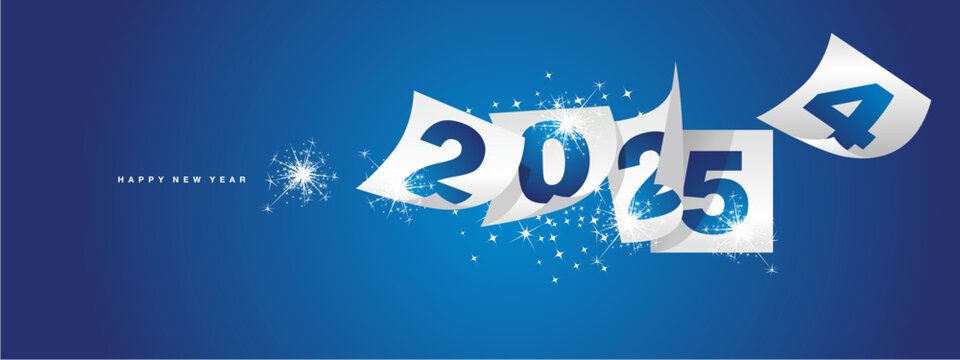 Happy new year 2025 and the end of 2024. Winter holiday greeting card design template on blue background. New year 2025 and the end of 2024 on white calendar sheets and sparkle firework.ai