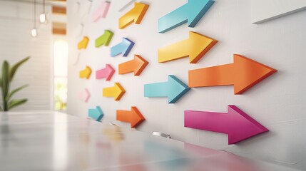 A modern conference room with a whiteboard covered in colorful arrows, illustrating a dynamic strategic planning session, team members engaged in discussion
