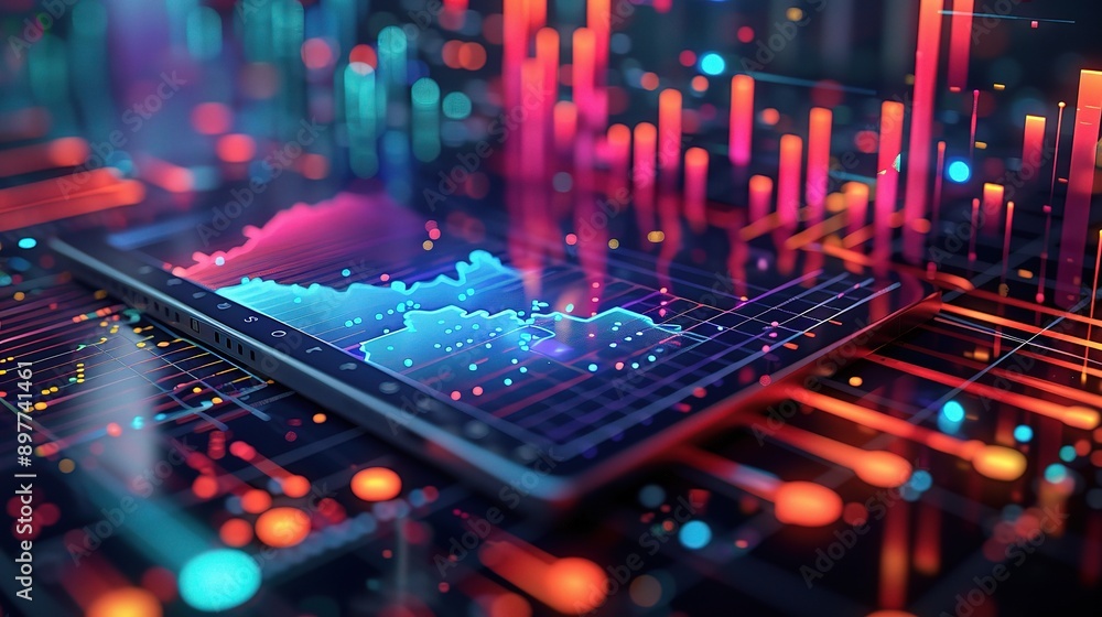 Poster tablet, graph and info graphics 3d design for data analysis, seo tools or statistics background. col