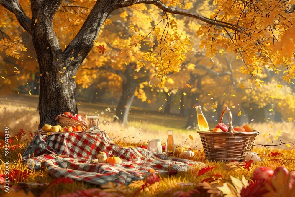 Poster a picnic basket with food and drinks is set out on a checkered blanket beneath a tree with golden le
