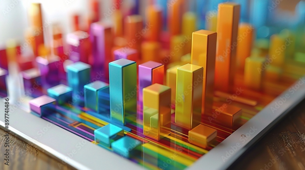 Poster tablet, graph and info graphics 3d design for data analysis, seo tools or statistics background. col