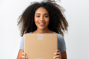 A happy woman holding a package, representing delivery satisfaction and customer service. Perfect for e-commerce and logistics themes.