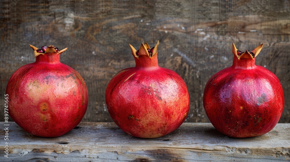 Fototapete three red pomegranates with visible seeds sit in a row on a weathered wooden surface.