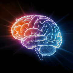 Brainpower Illuminated:  A vibrant, abstract illustration of the human brain bathed in a kaleidoscope of neon light, symbolizing the power, potential, and complexity of human thought and creativity.  