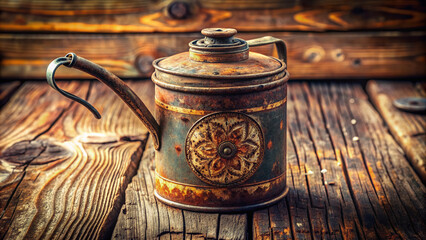 A macro shot of a vintage-style oil can with a worn, rusty label displaying faded typography and ornate design elements on a distressed wooden surface.