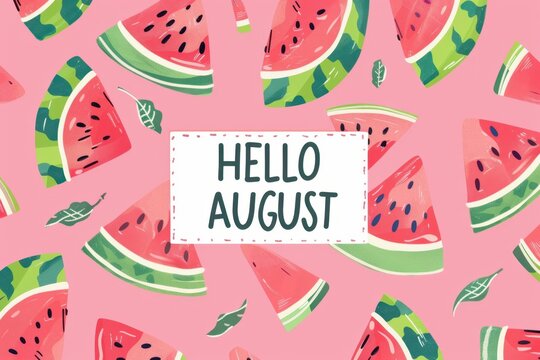 watermelon pattern, text "HELLO AUGUST" in the middle, pink background cute cartoonish designs Generative AI