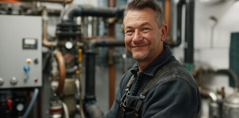 Fototapeta premium A smiling technician standing in an industrial workshop, representing expertise and satisfaction in his field. Perfect for industrial and professional themes.