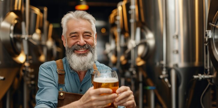 A senior brewer with a beard holding a beer in a craft brewery, symbolizing expertise and joy in brewing. Perfect for beverage and craft themes.